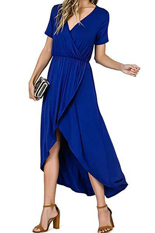 Women Short Sleeve Irregular Hem V-Neck Magnificent Solid Pattern Long Length Dress - WDC14838