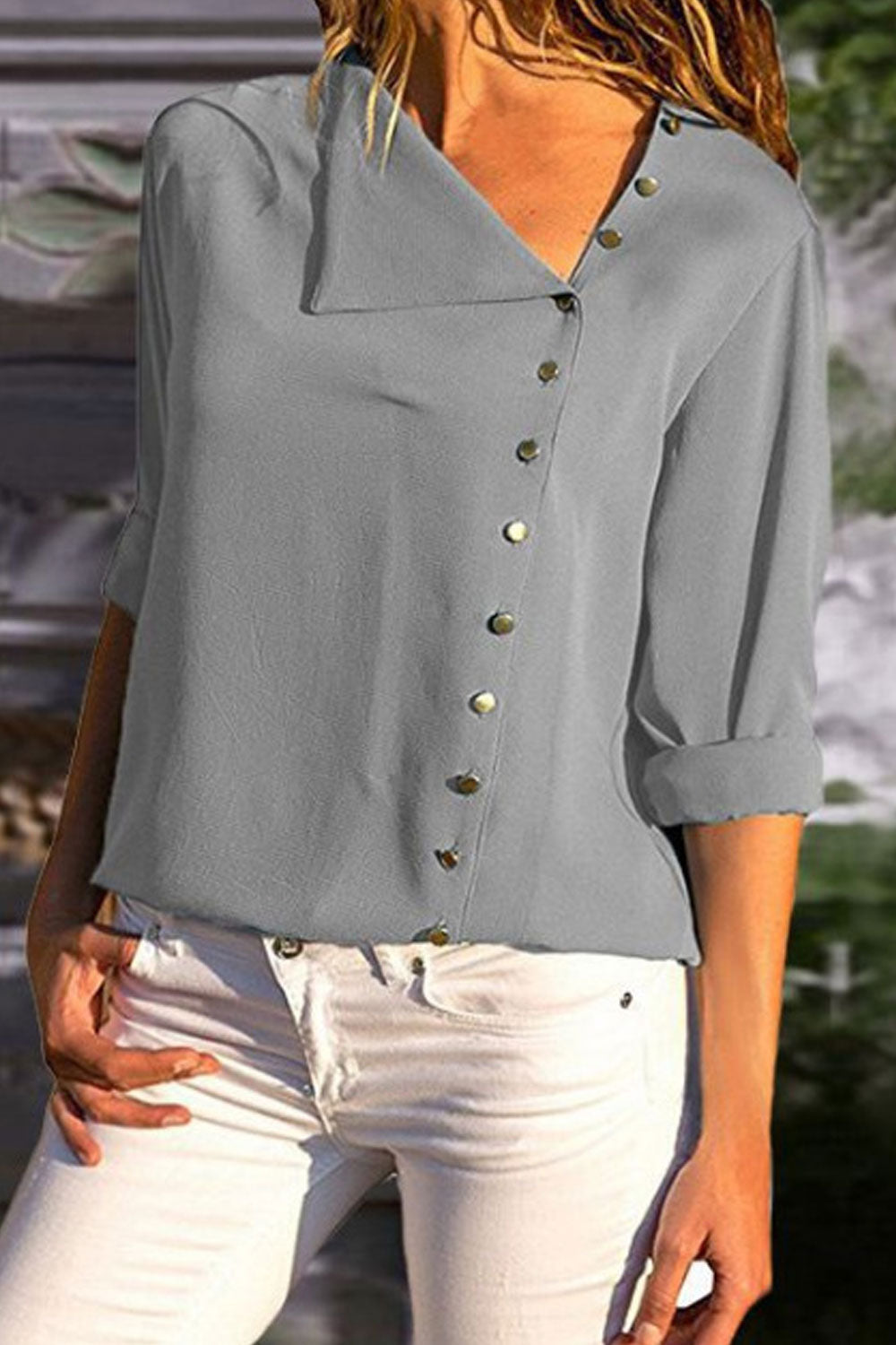 Women Stylish Asymmetric Neck Side Button Shirt - WSB67487