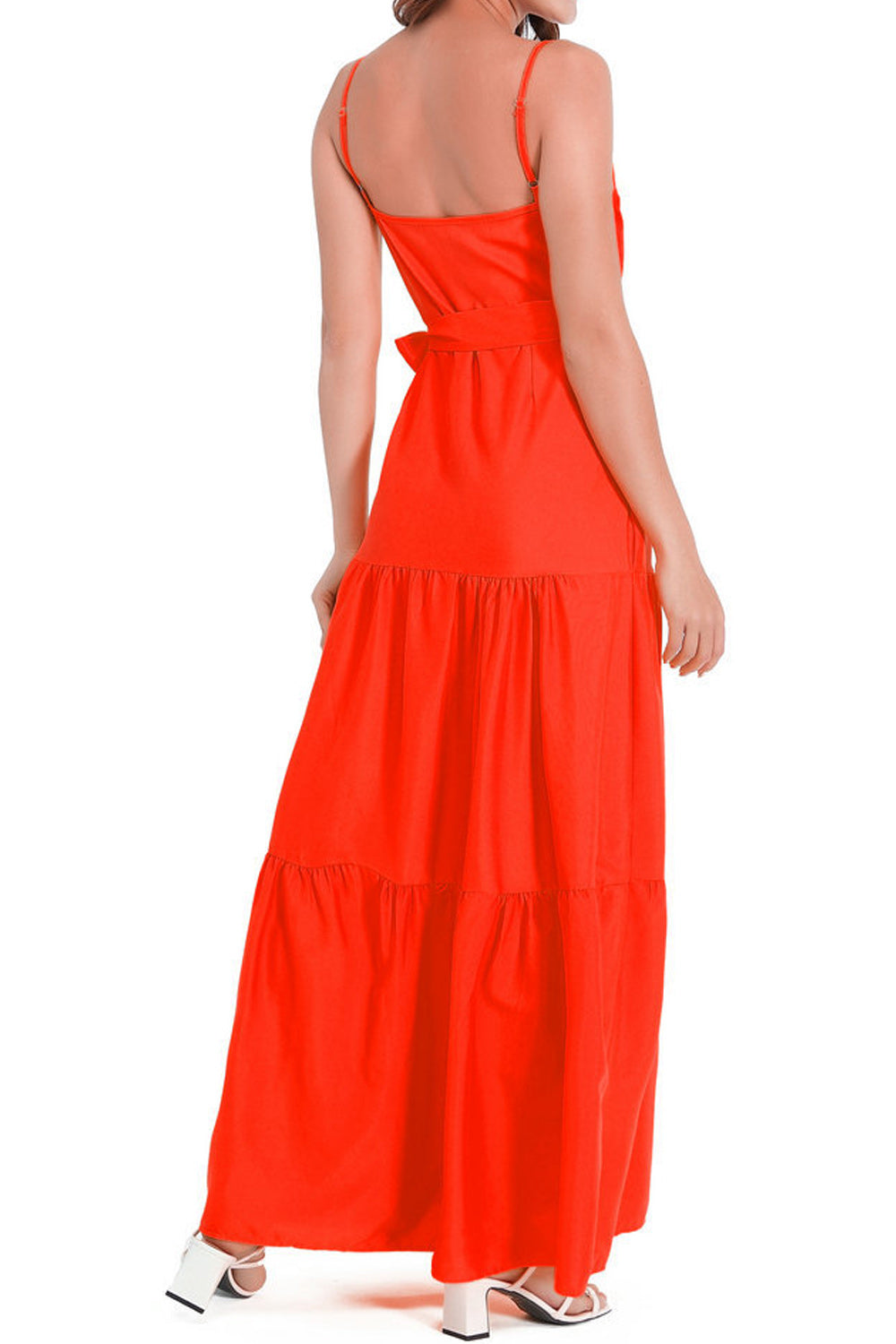 Women Elegent Solid Colored Sleeveless Styled Straped Shoulder Long Length V-Neck Relax Fit Party Dress - C5868JPD