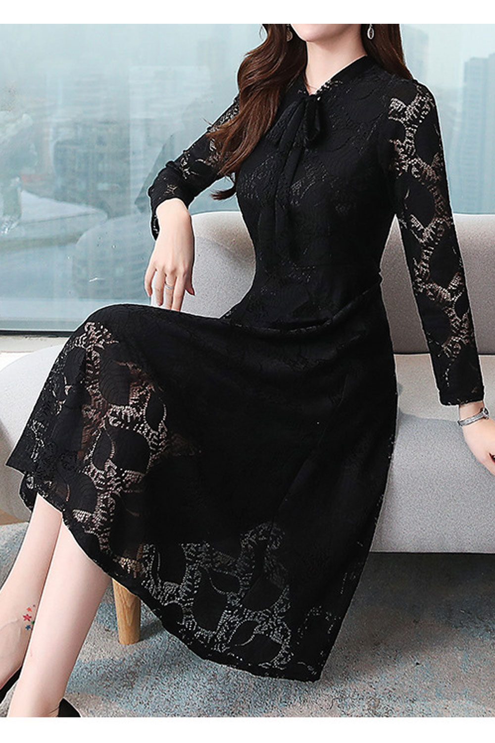 Women Enticing Lace Patterned V-Neck Net Long Sleeves A-line Style Slim Fit Dress - WD117641