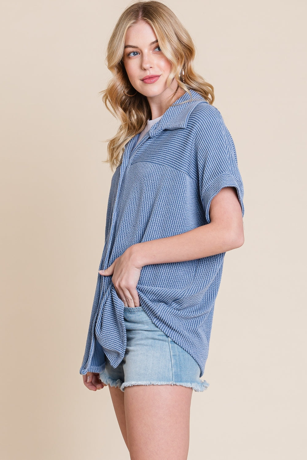 Women's BOMBOM Button Up Short Sleeves Ribbed Shirt