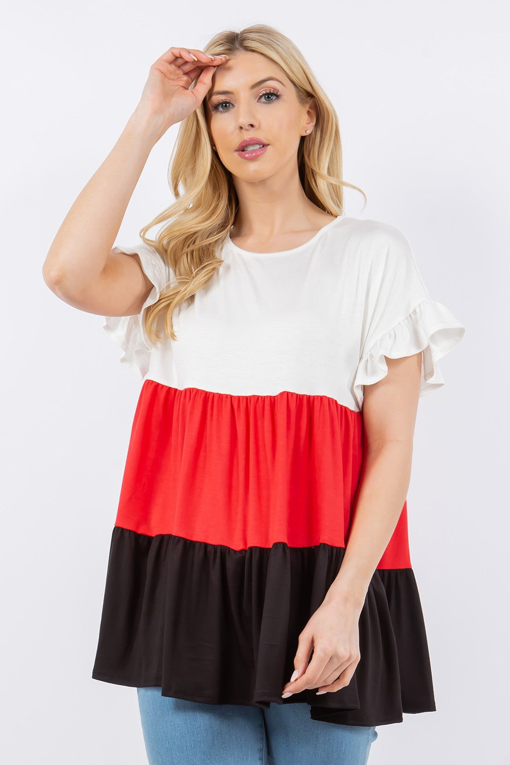 Women's Celeste Full Size Color Block Ruffled Short Sleeve Top