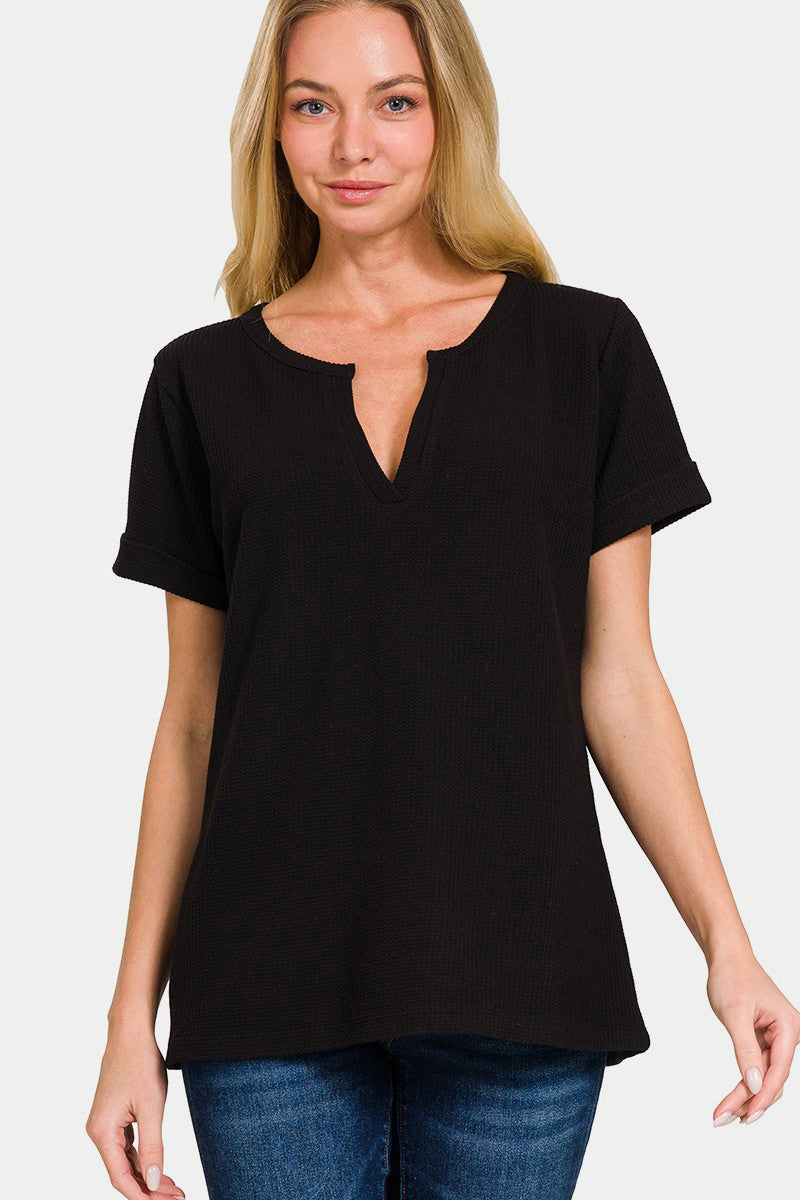 Women's Zenana Notched Short Sleeve Waffle T-Shirt