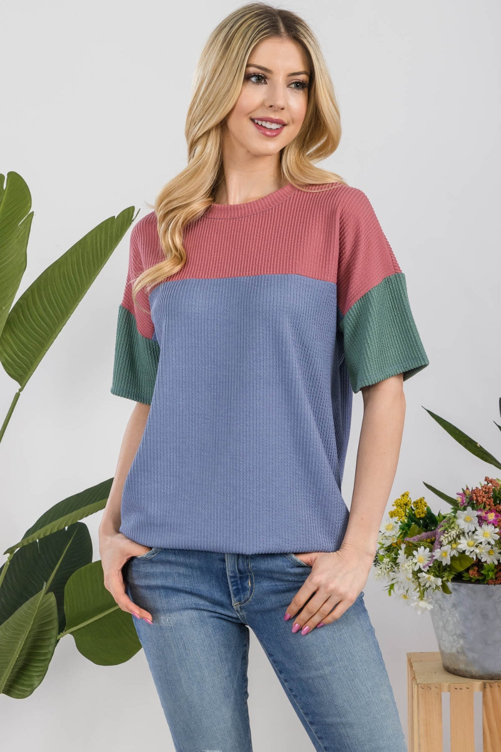 Women's Celeste Full Size Ribbed Color Block T-Shirt