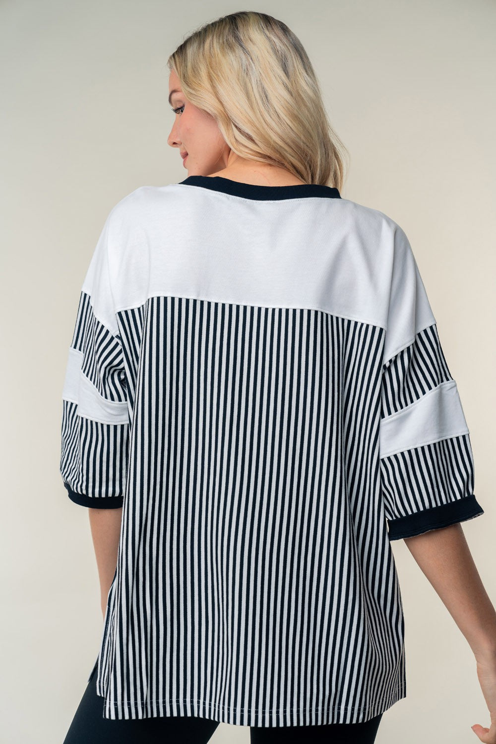 Women's White Birch Full Size Striped Contrast Round Neck Top