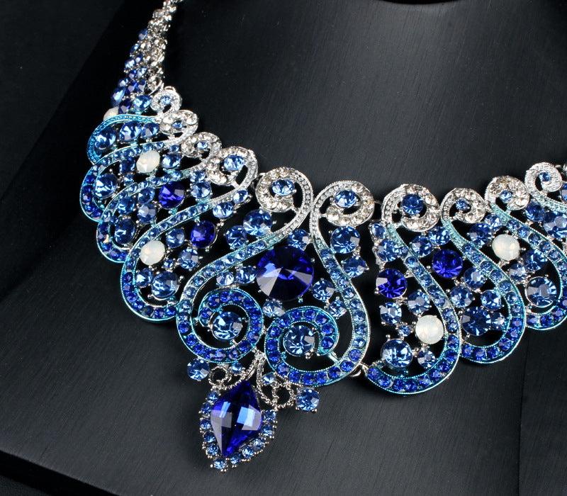 Exaggerated necklace and earrings set blue crystal clavicle chain decorative necklace dress accessories retro