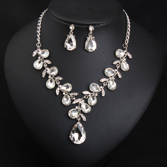 European and American crystal gem leaf necklace earrings set fashionable women's accessories