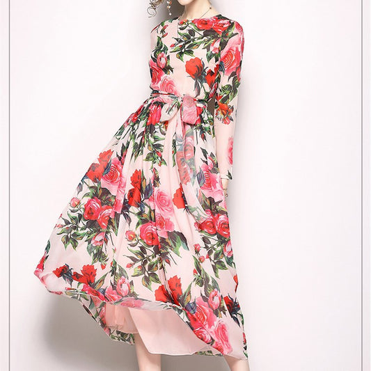 Women Flower Printed Long Chiffon Dress - C1098KMD