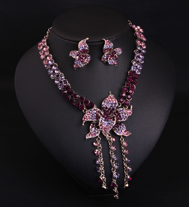 Crystal flower gemstone necklace and earrings set short collarbone female banquet bridal accessories