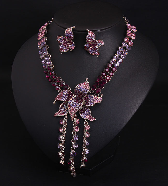 Crystal flower gemstone necklace and earrings set short collarbone female banquet bridal accessories