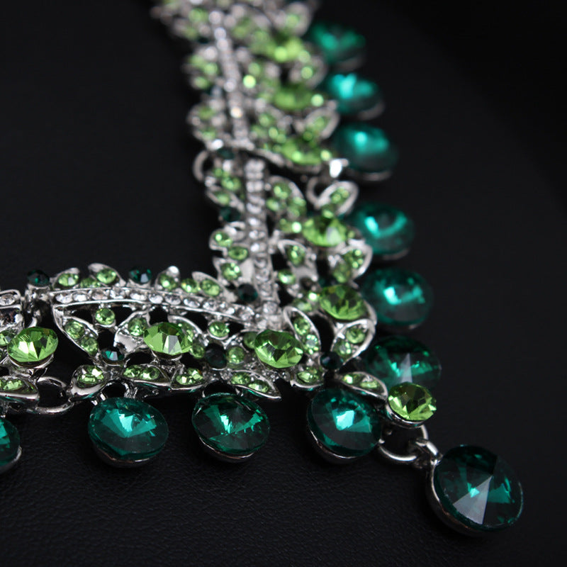 Crystal Necklace Earrings Jewelry Set Bridal Wedding Party Green Shiny Exquisite for Dates Parties