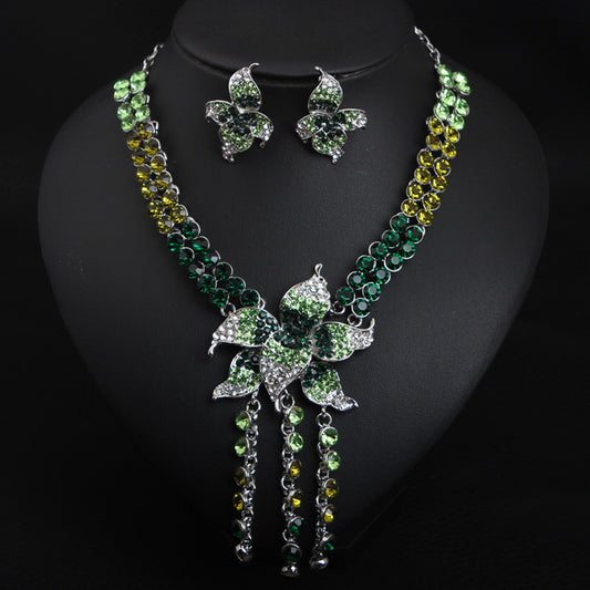 Crystal flower gemstone necklace and earrings set short collarbone female banquet bridal accessories