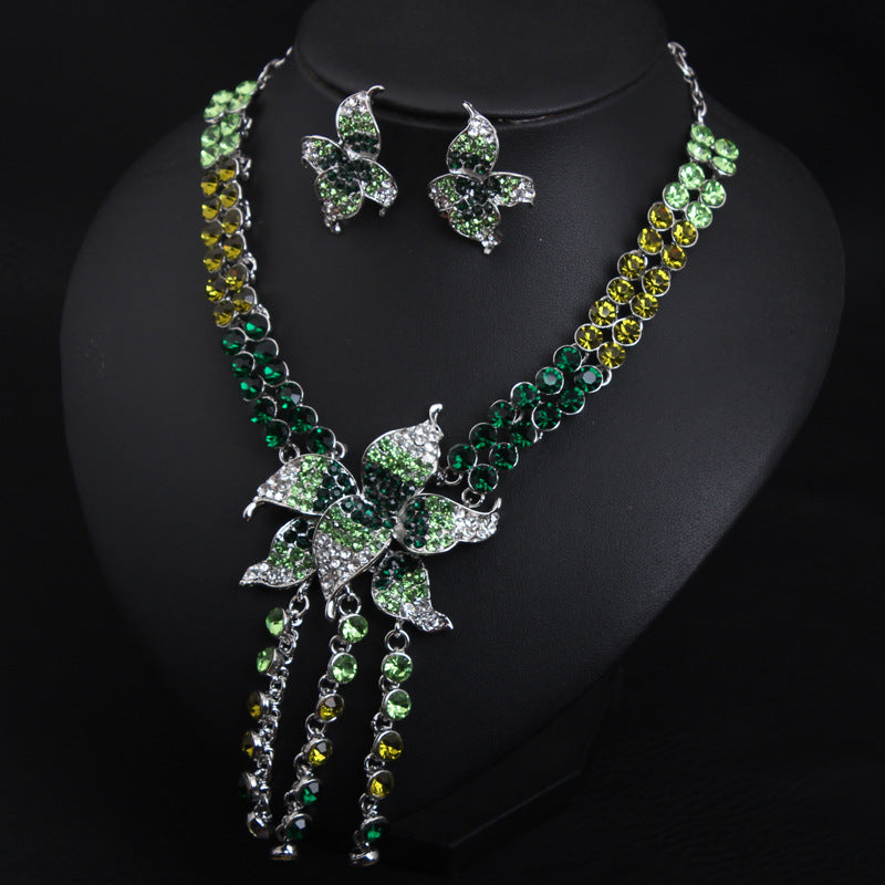 Crystal flower gemstone necklace and earrings set short collarbone female banquet bridal accessories