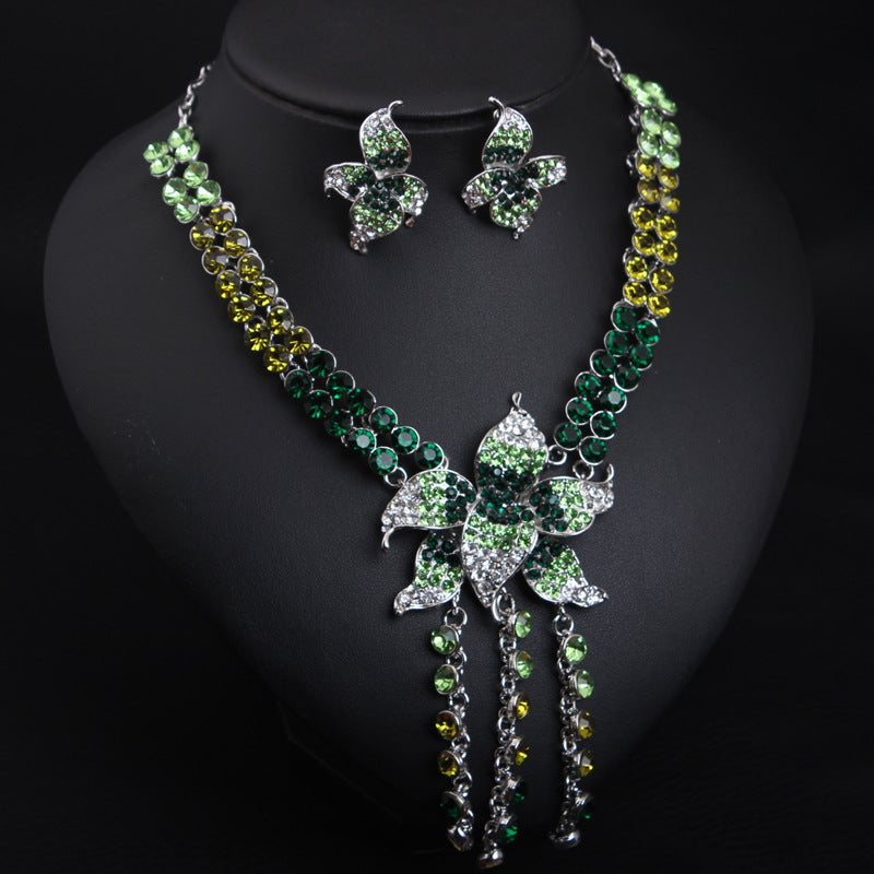 Crystal flower gemstone necklace and earrings set short collarbone female banquet bridal accessories