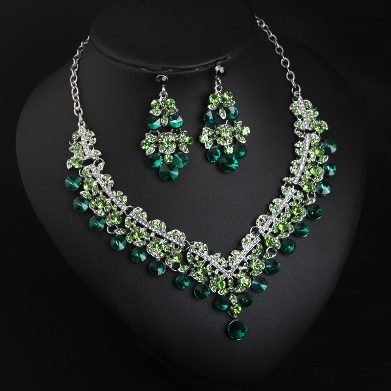 Crystal Necklace Earrings Jewelry Set Bridal Wedding Party Green Shiny Exquisite for Dates Parties