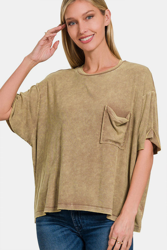 Women's Zenana Ribbed Round Neck Drop Shoulder T-Shirt