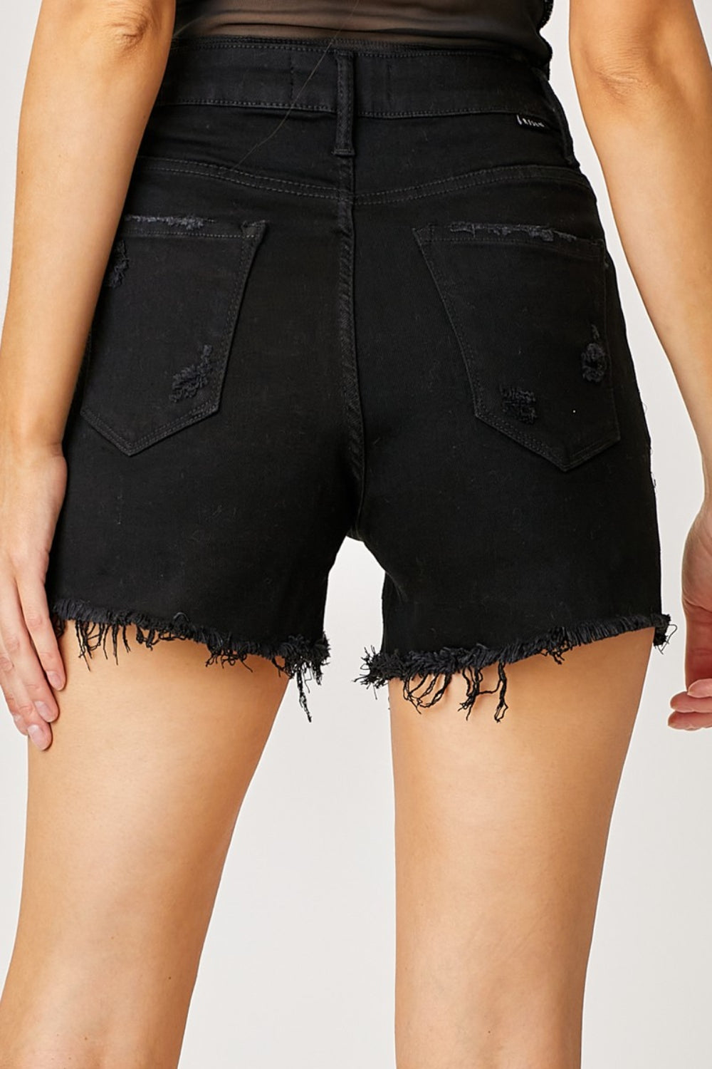 Women's RISEN Frayed Hem Denim Shorts with Fringe Detail Pockets