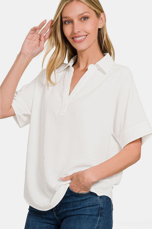 Women's Zenana Texture Collared Neck Short Sleeve Top