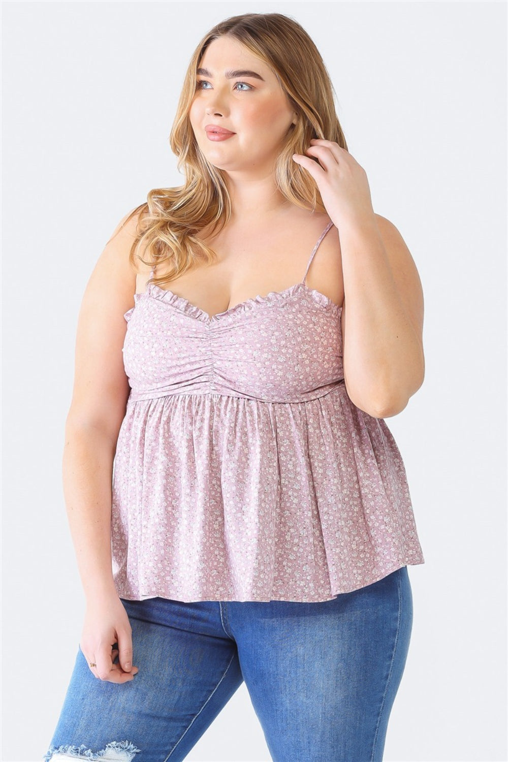 Women Plus Size Frill Smocked Floral Sweetheart Neck Cami