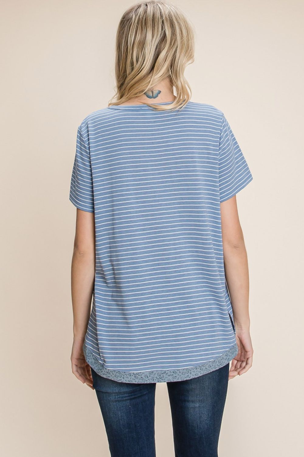 Women's Cotton Bleu by Nu Lab Slit Striped Notched Short Sleeve T-Shirt