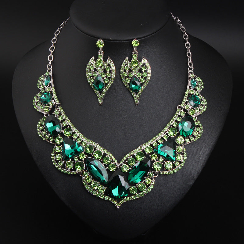 American exaggerated gemstone collarbone necklace earrings set dress banquet fashion women's accessories