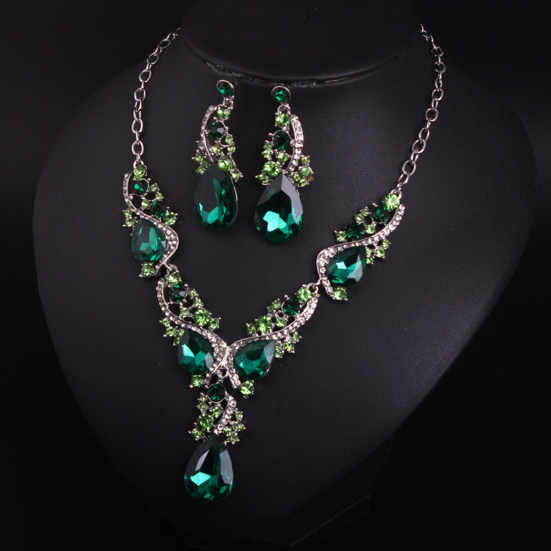 Crystal gemstone necklace and earrings set exaggerated fashion women's