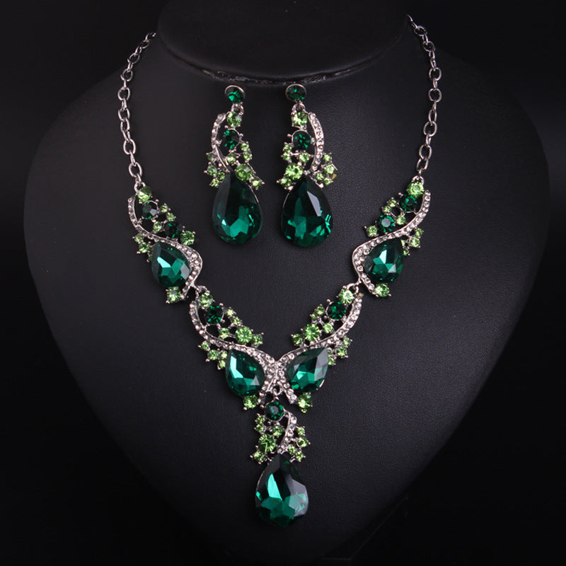 Crystal gemstone necklace and earrings set exaggerated fashion women's