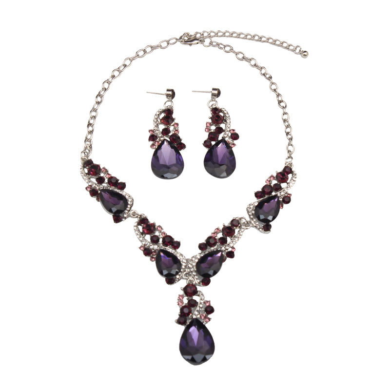 Crystal gemstone necklace and earrings set exaggerated fashion women's