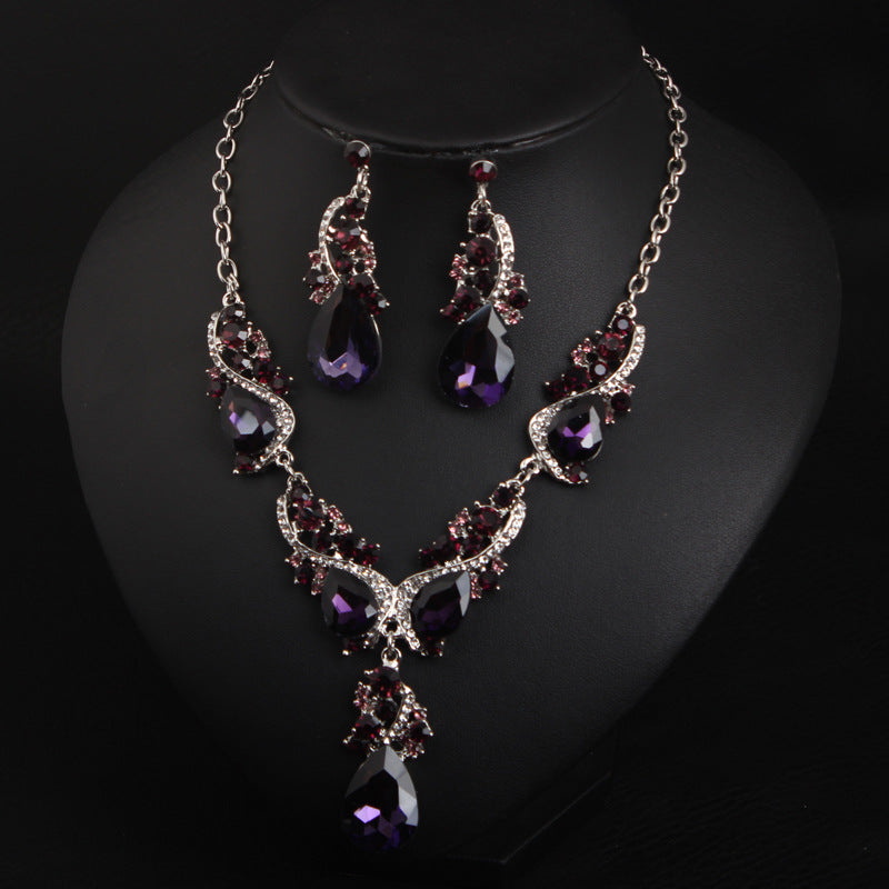 Crystal gemstone necklace and earrings set exaggerated fashion women's