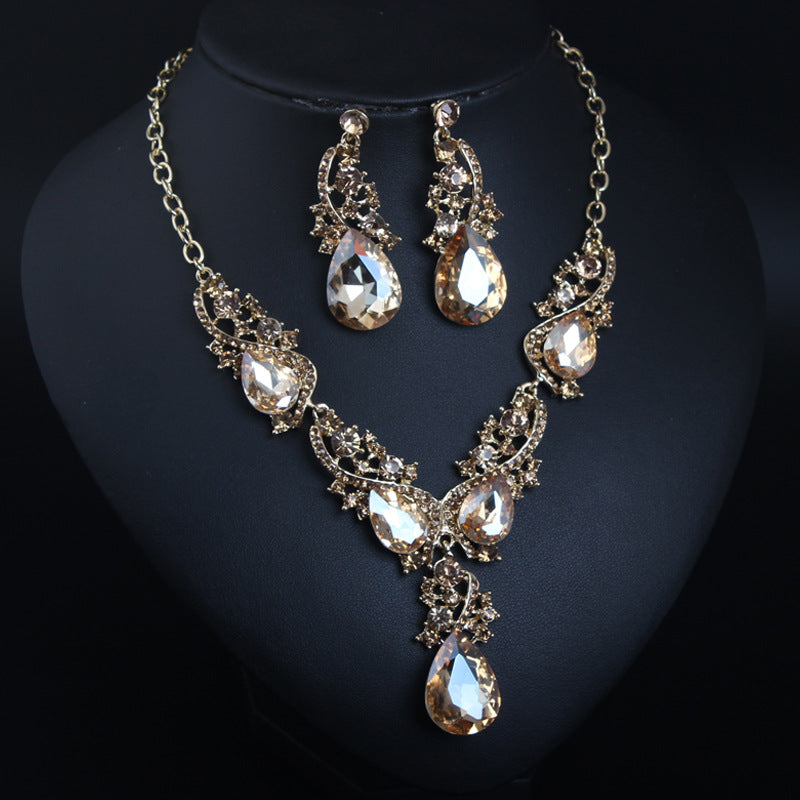 Crystal gemstone necklace and earrings set exaggerated fashion women's