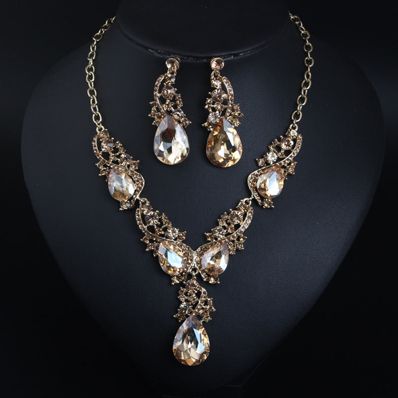 Crystal gemstone necklace and earrings set exaggerated fashion women's