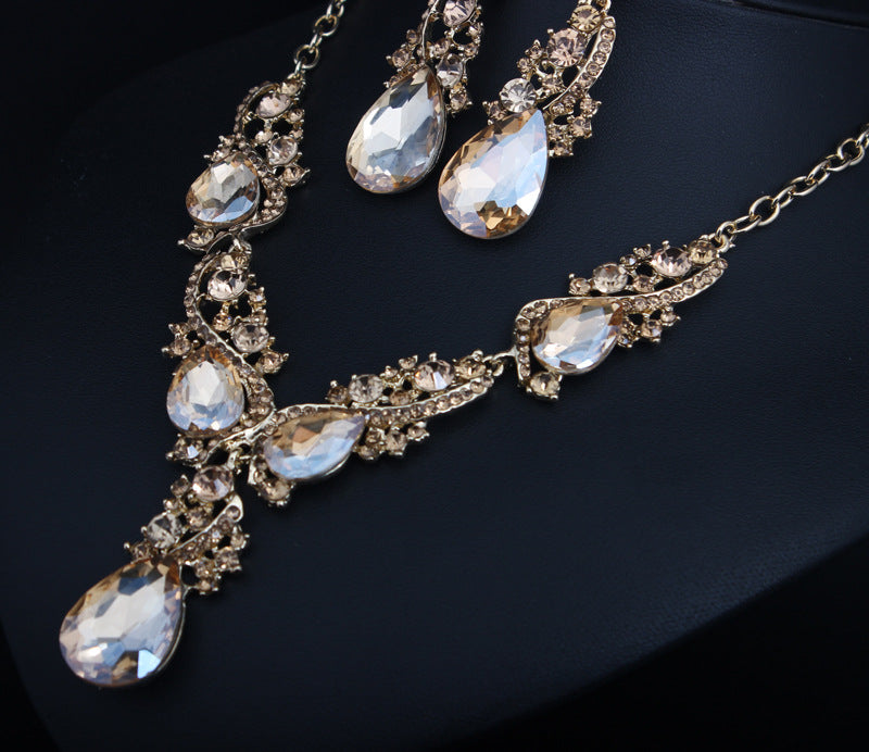 Crystal gemstone necklace and earrings set exaggerated fashion women's