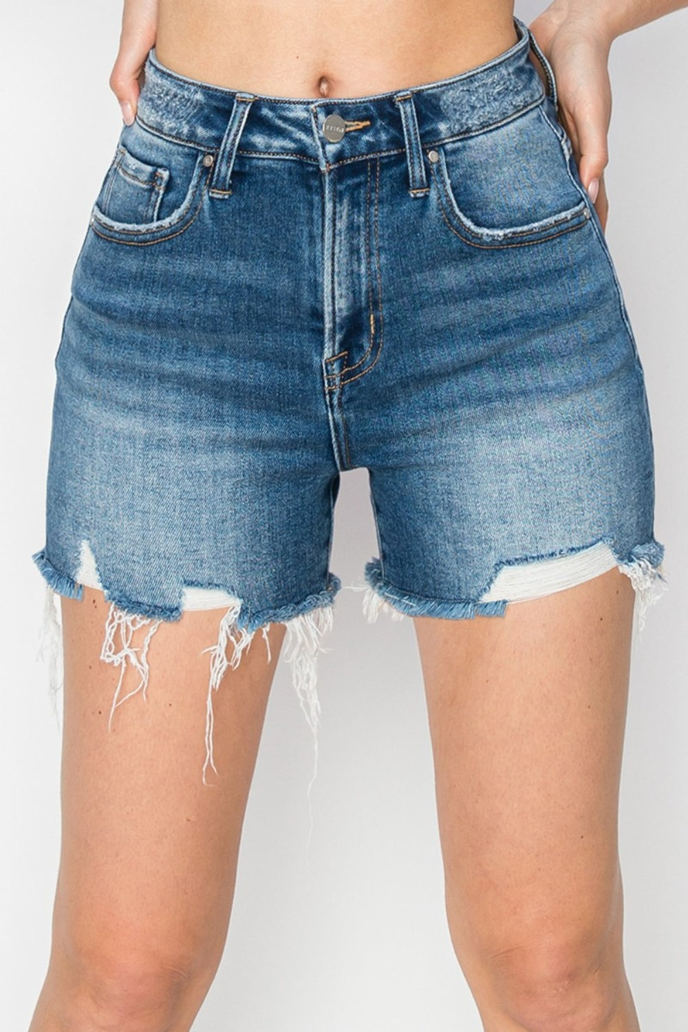 Women's RISEN High Rise Raw Hem Distressed Denim Shorts