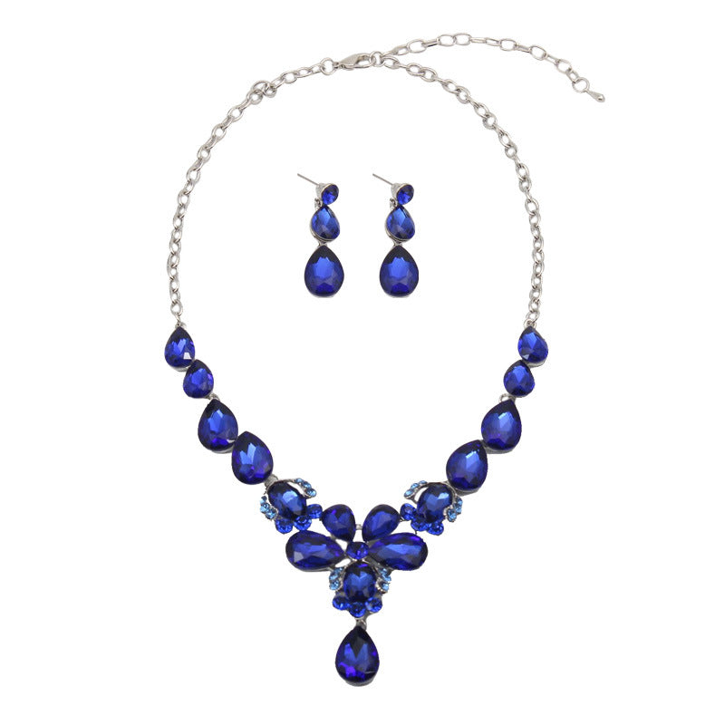 European and American crystal gem clavicle short necklace earrings set water drop Jewlery