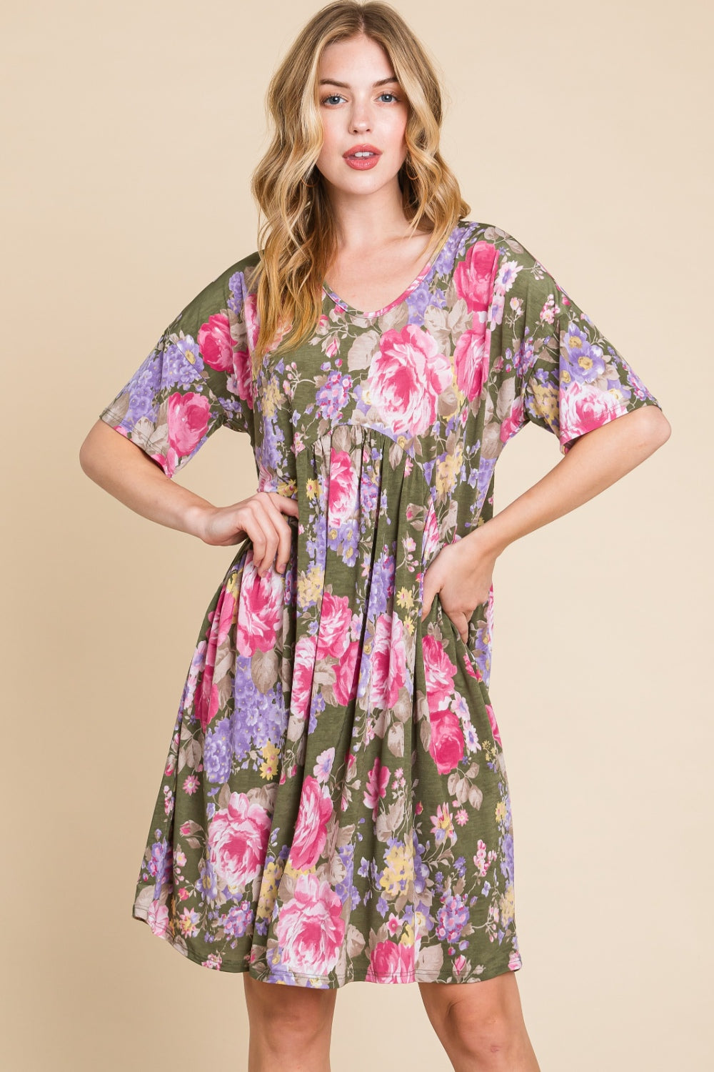 Women's BOMBOM Flower Print V-Neck Ruched Dress