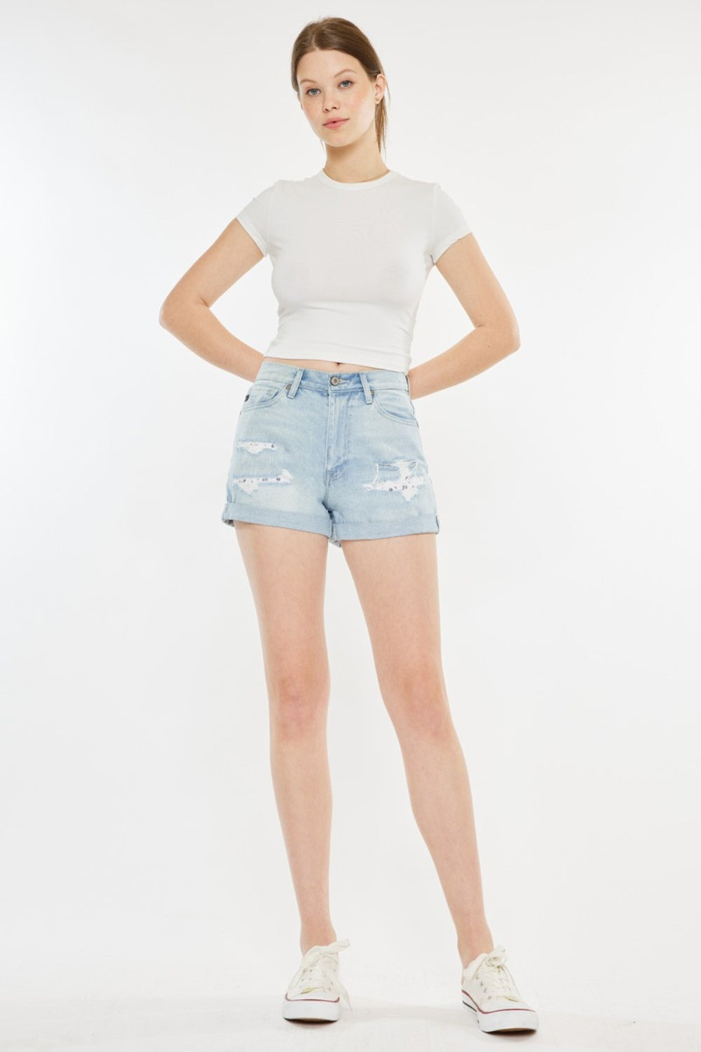 Women's Kancan High Rise Repaired Mom Denim Shorts