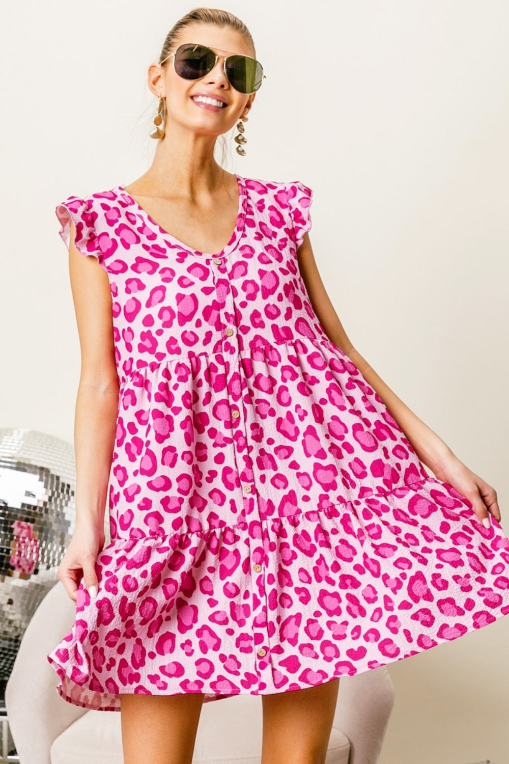 Women's BiBi Leopard Cap Sleeve Tiered Mini Dress