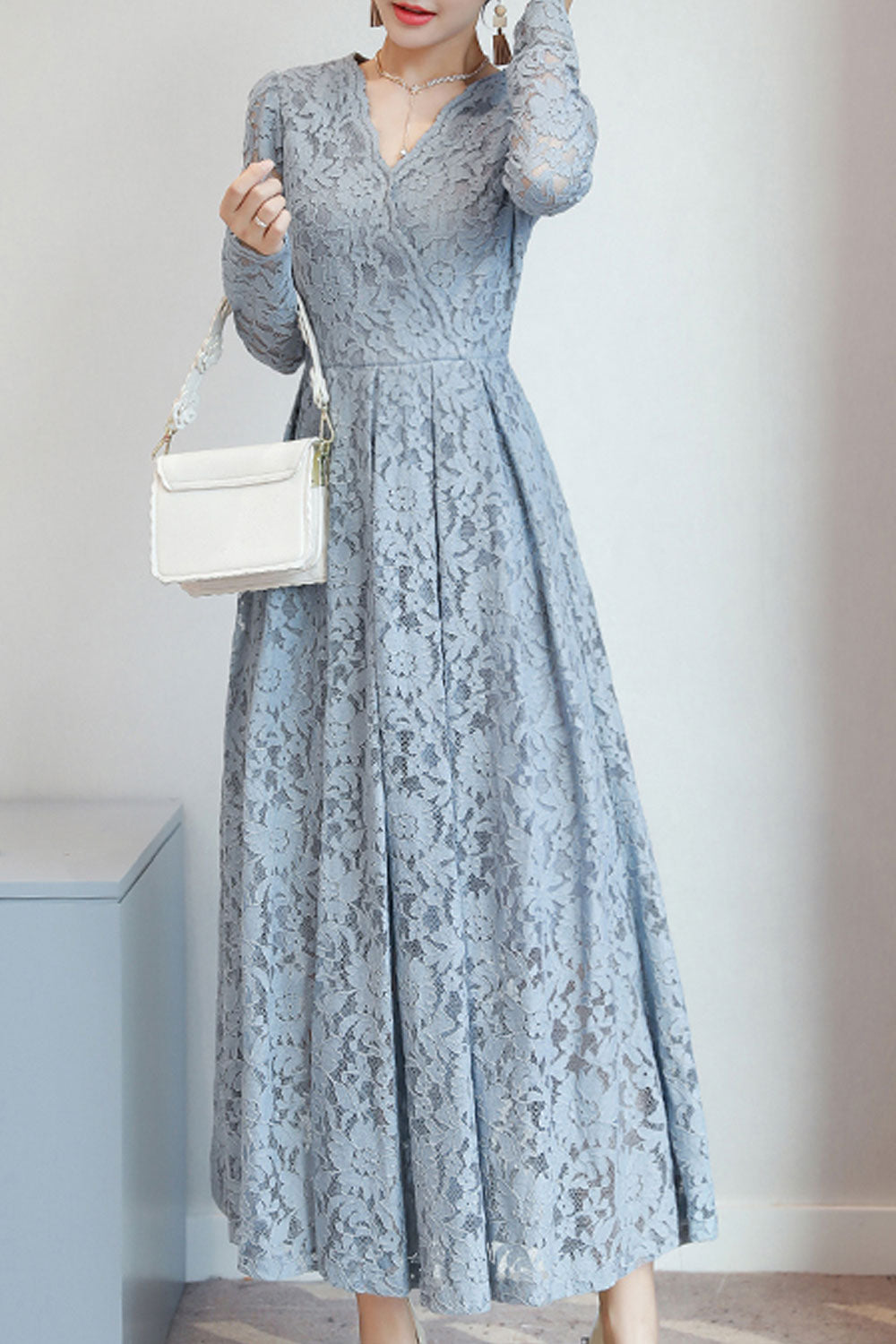 Women Lace Decorated Long Sleeve Dress - C2281JPD