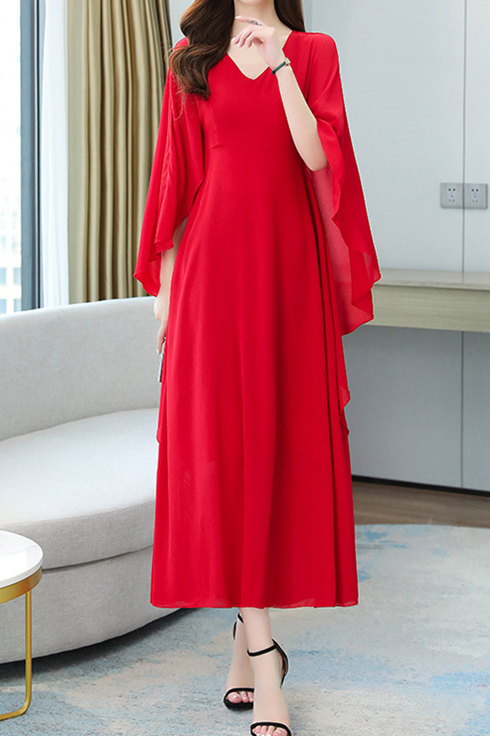 Women Solid Color V-Neck Mid Length Thin Fashionable Loose Dress - WDC60019