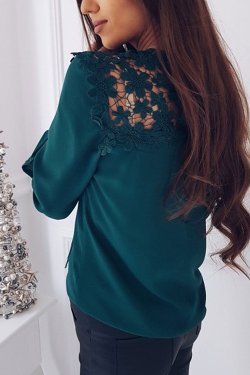 Women Dazzling Stitched Floral Lace Trumpet Sleeve Round Neck Comforatble & Fashionable Blouse - WSB117650