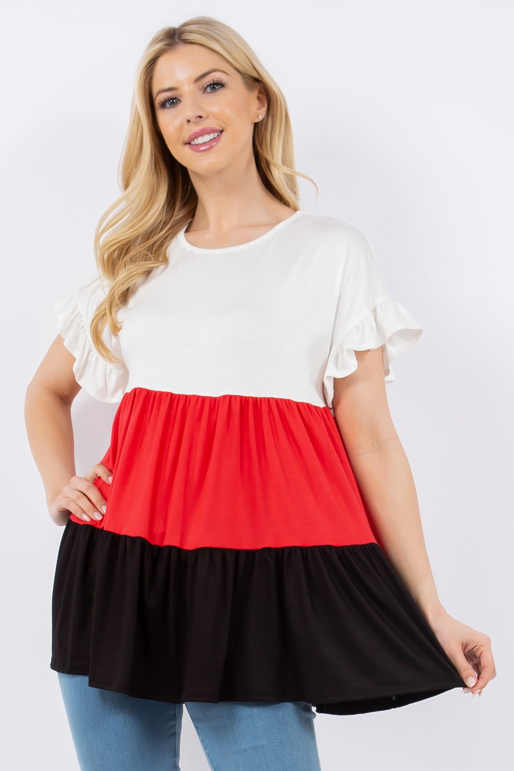 Women's Celeste Full Size Color Block Ruffled Short Sleeve Top