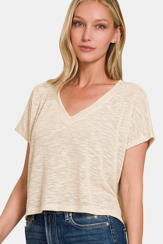 Women's Zenana V-Neck Short Sleeve Crop T-Shirt