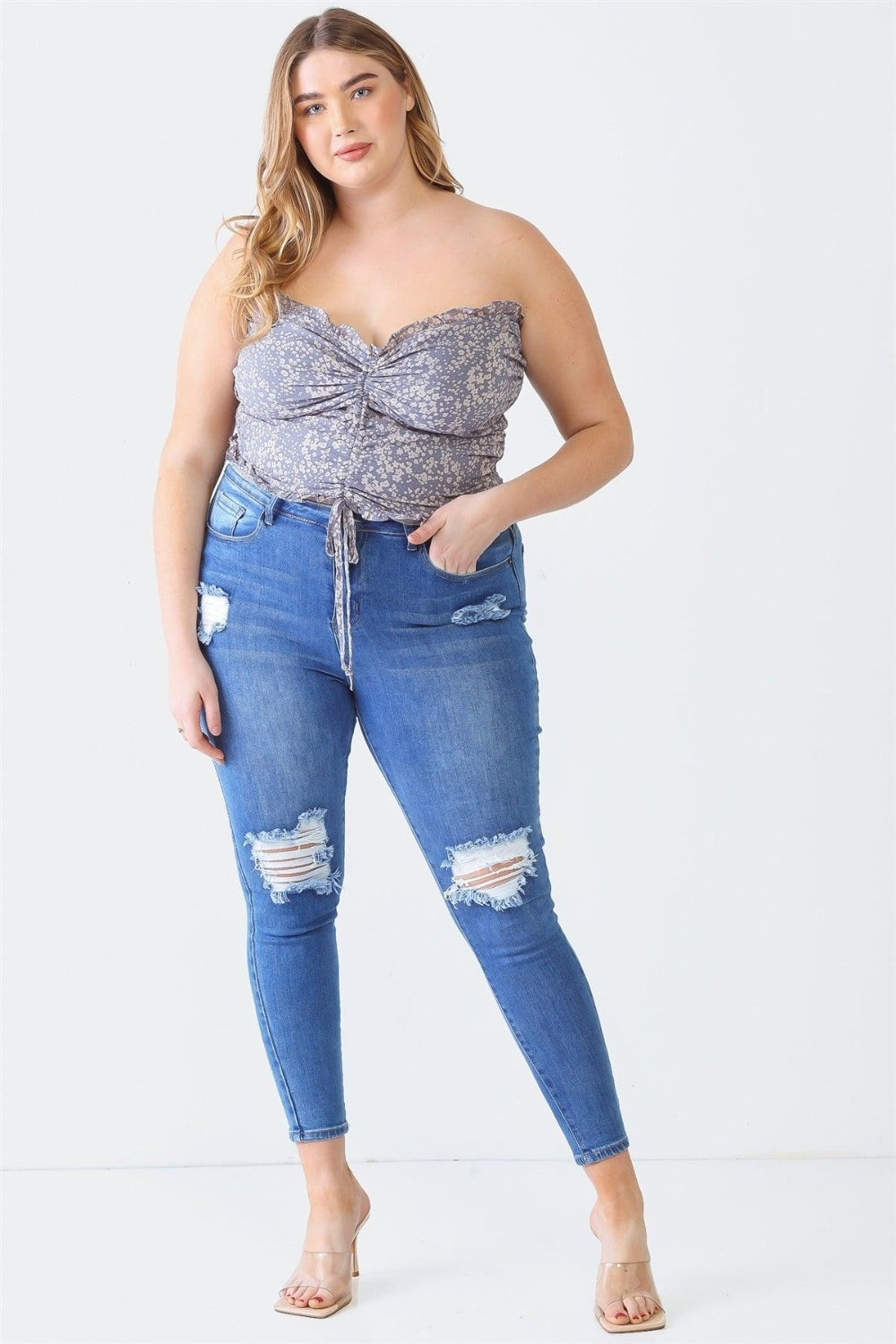 Women Plus Size Drawstring Smocked Floral Tube Top