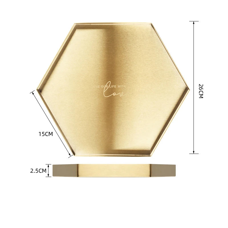 Golden Stainless Steel Storage Tray Fruit Plate Creative Metal Geometry Cosmetic Jewelry Display Tray Desktop Storage