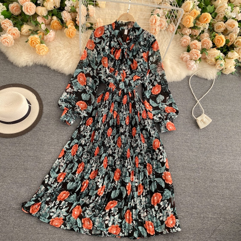 Women Floral Long Dress Spring Summer Korean Style Stand Collar Lantern Sleeve Chiffon Dress - WD8110