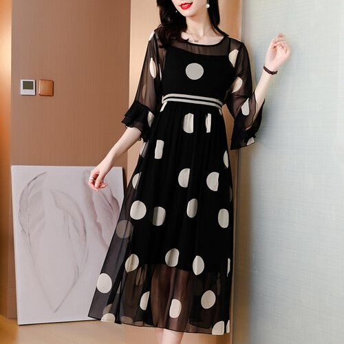 Black Dot Print Chiffon Beach Midi Dress Summer Vintage Natural Silk Dress Women Elegant Party Evening Vestidos - WD8103