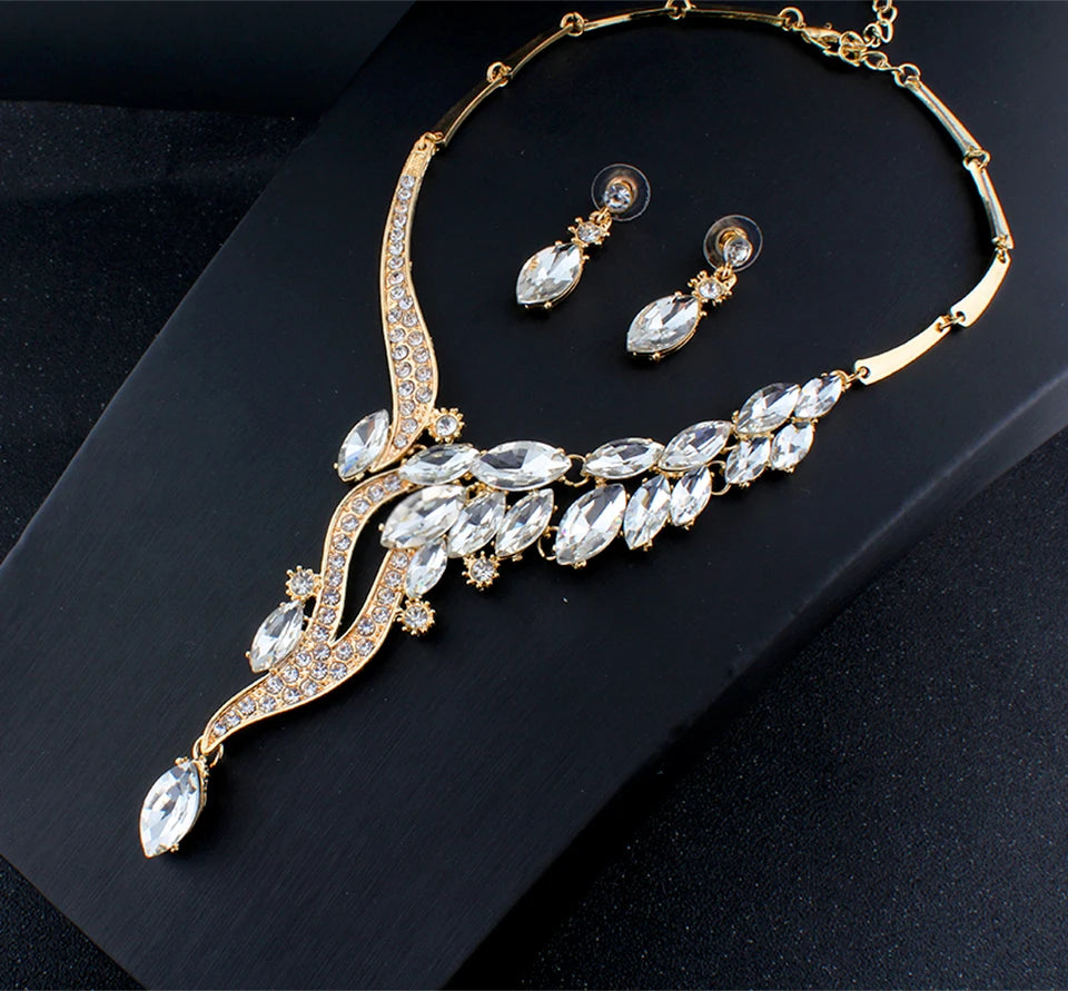 Wedding Jewelry Sets Red Crystal Necklace Earrings Gift for Glamor Women Accessories Dropshipping Gold Color Dating