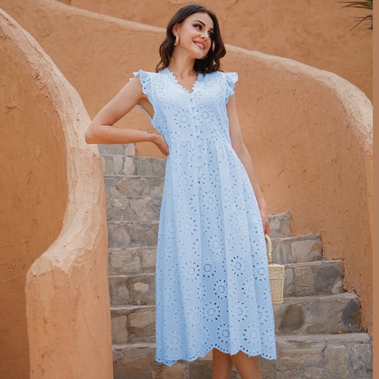 Women Long Simple Casual Solid Hollow Out Pure Cotton Summer Dresses - WD8190