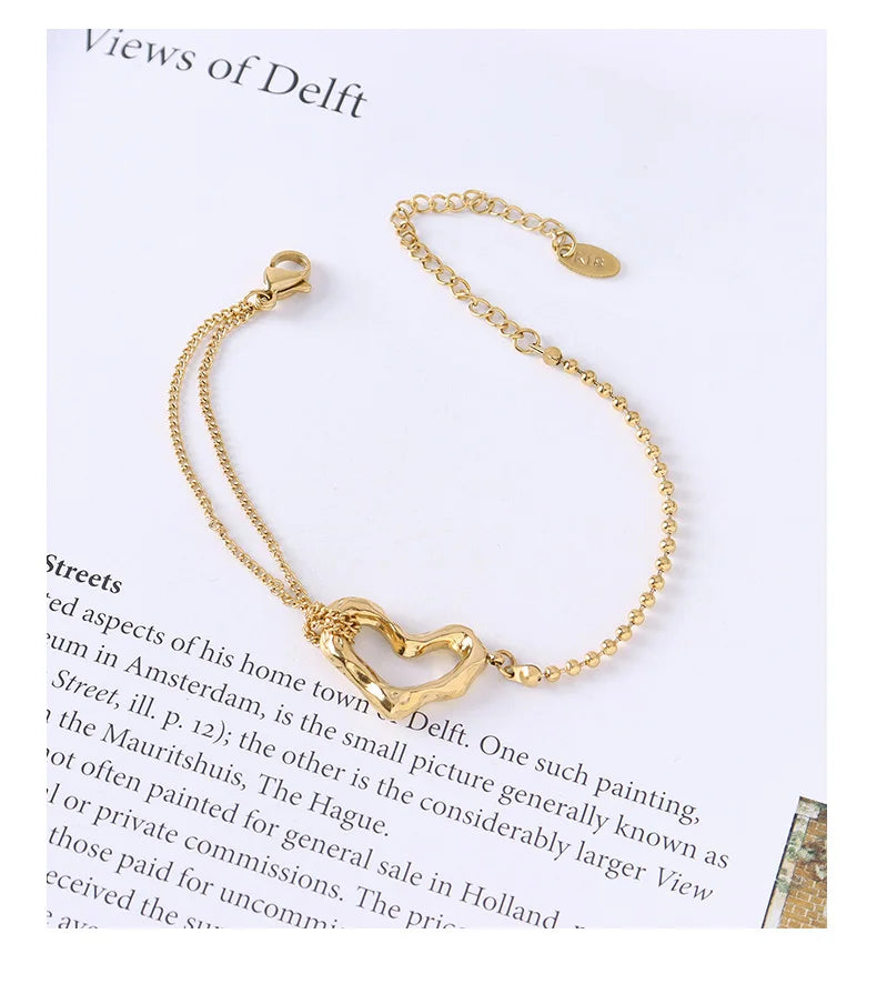 Stainless Steel Jewelry 18 K Gold Plated Peach Heart Double-Layer Steel Ball Bracelet For Anniversary