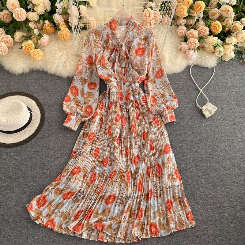 Women Floral Long Dress Spring Summer Korean Style Stand Collar Lantern Sleeve Chiffon Dress - WD8110